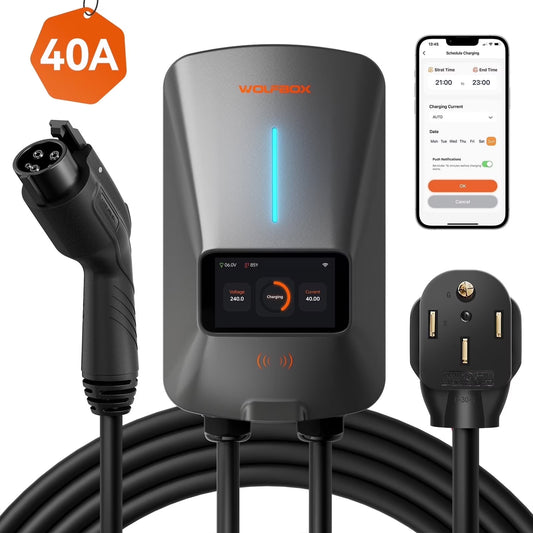 EV Charger, Level 2 EV Vehicle Charging Station, 240V 40 Amp with NEMA 14-50 Plug, Wifi Enabled Electric Car Charger, Smart Display, RFID Card, Grey